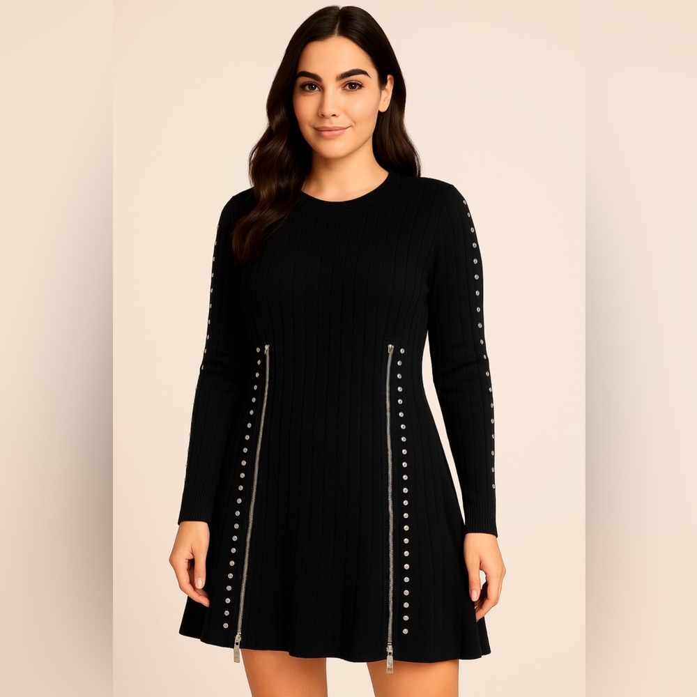 Bar III Black Long Sleeve Dress with Metallic Details